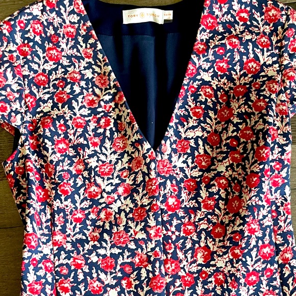TORY BURCH Drop Waistline Red & Dark Blue Floral Mini Dress size XS - Picture 5 of 8